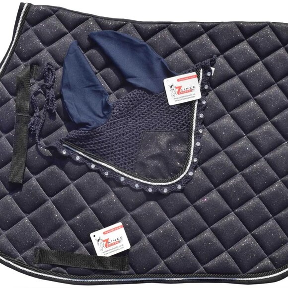 Navy Glitter Saddle Pad Set Matching Ear Bonnet | Equestrian Show Gear - Picture 1 of 7